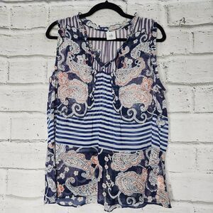 Cabi Womens Blue Peplum Paisley Stripe Sleeveless Ruffle Blouse Tank Size Medium